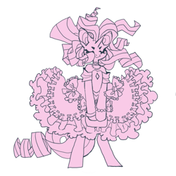 Size: 851x851 | Tagged: safe, artist:cutesykill, imported from derpibooru, rarity, semi-anthro, unicorn, beauty mark, big ears, bow, bracelet, clothes, detached sleeves, dress, eyelashes, eyes closed, female, flowing mane, frilly dress, horn, jewelry, lolita fashion, mare, monochrome, necklace, pearl bracelet, ringlets, simple background, smiling, standing, thick eyelashes, unicorn horn, white background, wristband