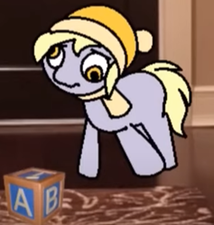 Size: 299x315 | Tagged: safe, artist:tamers12345, imported from derpibooru, derpy hooves, pegasus, pony, blocks, clothes, door, female, indoors, looking at something, mare, my little pony the movie: hearth's warming in manehattan, scarf, solo, toy