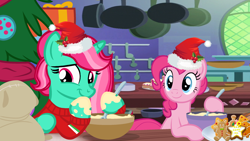 Size: 2500x1406 | Tagged: safe, artist:lizzmcclin, imported from derpibooru, pinkie pie, oc, alicorn, earth pony, alicorn oc, baking, christmas cookies, cookie, female, food, gingerbread man, horn, santa claus, wings