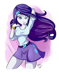 Size: 1736x2192 | Tagged: safe, artist:ponut_joe, imported from derpibooru, rarity, human, equestria girls, arm behind head, bedroom eyes, bracelet, breasts, busty rarity, clothes, fabulous, female, flying skirt, grin, hair, hairpin, jewelry, legs, lips, looking at you, makeup, miniskirt, pose, sexy, signature, skirt, smiling, smirk, solo, teenager, thighs, windswept hair, windswept mane