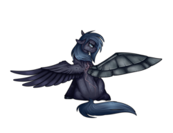 Size: 3000x2300 | Tagged: safe, artist:molars, imported from derpibooru, oc, oc only, oc:sharp shadows, pegasus, fallout equestria, amputee, angry, annoyed, artificial wings, ashes town, augmented, blind, blind in one eye, blue mane, colored wings, enclave, facial scar, female, floppy ears, injured, lightning bolts, long mane, looking at you, mare, prosthetic limb, prosthetic wing, prosthetics, scar, solo, spread wings, two toned wings, wings