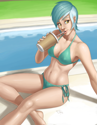 Size: 2625x3375 | Tagged: safe, artist:ldr, imported from derpibooru, lyra heartstrings, human, art pack:my little sweetheart, art pack:my little sweetheart 3, armpits, barefoot, bikini, clothes, drink, feet, female, humanized, solo, swimming pool, swimsuit