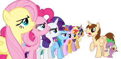 Size: 1473x720 | Tagged: safe, artist:bubbacheezit, imported from derpibooru, applejack, fluttershy, pinkie pie, rainbow dash, rarity, spike, starlight glimmer, sunset shimmer, twilight sparkle, oc, oc:caleb, dragon, earth pony, pegasus, unicorn, female, horn, male, mane six, simple background, transparent background