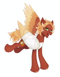 Size: 1615x2048 | Tagged: safe, artist:anemonaii, imported from derpibooru, oc, oc only, oc:golden flare, pegasus, pony, bandage, bandaged, bandaged wing, broken wing, brown hooves, bucking, colored eyebrows, colored hooves, colored wings, colored wingtips, commission, cute, feathered wings, freckles, green eyes, grin, hooves, injured wing, looking at you, neck freckles, nonbinary, nonbinary oc, ocbetes, one wing out, open mouth, open smile, orange mane, orange tail, red coat, shiny hooves, shiny mane, shiny tail, short mane, simple background, smiling, smiling at you, tail, three quarter view, three toned wings, two toned mane, two toned tail, unshorn fetlocks, watermark, white background, wings, yellow wingtips