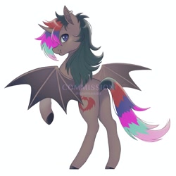 Size: 2048x2044 | Tagged: safe, artist:anemonaii, imported from derpibooru, oc, oc only, alicorn, bat pony, bat pony alicorn, pony, alicorn oc, ambiguous gender, bat pony alicorn oc, bat pony oc, bat wings, brown coat, brown hooves, colored hooves, colored pinnae, colored pupils, colored wings, commission, ear fluff, ear piercing, earring, gradient mane, gradient wings, gray hooves, green mane, high res, hooves, horn, jewelry, long mane, looking at you, looking back, looking back at you, multicolored mane, multicolored tail, oc name needed, piercing, profile, purple eyes, purple pupils, rear view, rearing, shiny mane, shiny tail, simple background, slit pupils, smiling, smiling at you, solo, spread wings, tail, thin, two toned wings, watermark, white background, wings