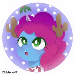 Size: 2028x2048 | Tagged: safe, artist:eltrash_art6, imported from derpibooru, pony, unicorn, christmas, clothes, cute, fake antlers, female, g5, hairband, holiday, holly, holly mistaken for mistletoe, horn, icon, mare, misty brightdawn, mistybetes, open mouth, rebirth misty, scarf, simple background, snow, solo, white background