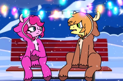 Size: 944x624 | Tagged: safe, artist:tamers12345, imported from derpibooru, braeburn, pinkie pie, earth pony, pony, animal costume, bench, christmas, christmas lights, clothes, costume, female, hearth's warming, holiday, looking at each other, looking at someone, male, mare, my little pony the movie: hearth's warming in manehattan, outdoors, reindeer costume, sitting, snow, stallion