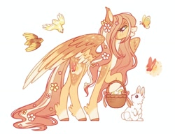 Size: 1620x1246 | Tagged: safe, artist:anemonaii, imported from derpibooru, part of a set, angel bunny, fluttershy, bird, butterfly, pegasus, pony, rabbit, alternate cutie mark, alternate design, alternate eye color, alternate hairstyle, alternate tailstyle, animal, basket, blaze (coat marking), blush scribble, blushing, brown hooves, coat markings, colored ears, colored hooves, colored pinnae, colored wings, colored wingtips, concave belly, countershading, cute, duo, duo male and female, ear tufts, eyelashes, facial markings, female, flower, flower basket, flower in hair, flower in tail, flower on ear, flowing mane, flowing tail, gradient pinnae, green eyes, hoof hold, hooves, large wings, leg fluff, lidded eyes, long eyelashes, long legs, long mane, long tail, looking at someone, looking at something, male, mare, mealy mouth (coat marking), partially open wings, pink mane, pink tail, profile, redesign, shyabetes, signature, simple background, slender, smiling, socks (coat markings), solo focus, spots, spotted wings, standing, standing on three hooves, tail, tallershy, thin, thin legs, two toned mane, two toned tail, wavy mane, wavy tail, white background, white wingtips, wings, yellow coat