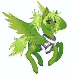 Size: 1936x2048 | Tagged: safe, artist:anemonaii, imported from derpibooru, oc, oc only, pegasus, pony, brown eyes, clothes, colored eyebrows, colored hooves, colored pinnae, colored wings, colored wingtips, commission, eyelashes, female, female oc, flying, gradient pinnae, gradient wings, green, green coat, green hooves, green mane, green tail, green wingtips, hooves, looking at you, mare oc, oc name needed, pegasus oc, ponytail, shiny mane, shiny tail, shirt, signature, simple background, smiling, smiling at you, solo, spiky mane, spiky tail, spread wings, striped shirt, tail, three quarter view, tied mane, tongue out, two toned mane, two toned tail, watermark, white background, wings