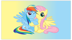 Size: 2560x1440 | Tagged: safe, artist:steam-loco, imported from derpibooru, fluttershy, rainbow dash, pegasus, pony, fame and misfortune, .svg available, absurd resolution, cute, dashabetes, female, flawless, flutterdash, gradient background, hug, lesbian, mare, my little pony, one eye closed, shipping, shyabetes, smiling, spread wings, svg, vector, wings, wink