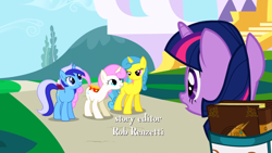 Size: 1920x1080 | Tagged: safe, imported from derpibooru, screencap, lemon hearts, minuette, twilight sparkle, twinkleshine, pony, unicorn, friendship is magic, bag, book, book of harmony, female, horn, mare, my little pony, opening credits, saddle bag, unicorn twilight