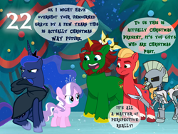 Size: 1440x1080 | Tagged: safe, artist:bronybyexception, imported from derpibooru, diamond tiara, princess luna, spirit of hearth's warming yet to come, sprout cloverleaf, alicorn, earth pony, pony, robot, robot pony, unicorn, a christmas carol, advent calendar, aqua teen hunger force, christmas, christmas tree, cybernetic ghost of christmas past from the future, female, g5, ghost of christmas present, holiday, horn, male, mare, my little pony: tell your tale, stallion, time travel, tree