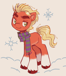 Size: 1280x1461 | Tagged: safe, artist:onionpwder, imported from derpibooru, sprout cloverleaf, earth pony, pony, blonde mane, blonde tail, blush lines, blushing, clothes, coat markings, colored belly, colored eyebrows, colored pinnae, cute, eyebrows, g5, green eyes, looking back, male, missing cutie mark, outdoors, pale belly, raised eyebrow, red coat, red hooves, requested art, scarf, shiny hooves, shiny mane, shiny tail, smiling, snow, snowfall, snowflake, socks (coat markings), solo, sproutbetes, stallion, standing, striped scarf, tail, thick eyebrows, thin, three quarter view