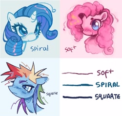 Size: 2500x2378 | Tagged: safe, artist:onionpwder, imported from derpibooru, pinkie pie, rainbow dash, rarity, earth pony, pegasus, pony, unicorn, alternate eye color, alternate hairstyle, big eyes, blue eyes, blue eyeshadow, blue pupils, blush lines, blush scribble, blushing, bust, colored eyebrows, colored pupils, curly mane, ear fluff, eyebrow piercing, eyelashes, eyeshadow, female, fluffy, frown, high res, horn, link in description, makeup, mare, multicolored hair, multicolored mane, narrowed eyes, piercing, pink mane, pixel-crisp art, profile, rainbow hair, ringlets, shiny mane, smiling, spiky mane, three quarter view, trio, trio female, unicorn horn