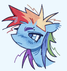 Size: 1257x1335 | Tagged: safe, artist:onionpwder, imported from derpibooru, rainbow dash, pegasus, pony, alternate eye color, alternate hairstyle, blue blush, blue coat, blue eyes, blue pupils, blush lines, blushing, bust, colored eyebrows, colored pupils, ear fluff, eyebrow piercing, female, frown, mare, multicolored hair, multicolored mane, narrowed eyes, piercing, pixel-crisp art, profile, rainbow hair, shiny mane, solo, spiky mane