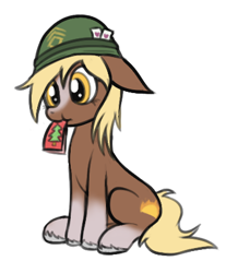 Size: 352x426 | Tagged: safe, artist:wapamario63, imported from twibooru, pony, card, floppy ears, helmet, image, mouth hold, png, ponified, sergeant reckless, simple background, sitting, tree, unshorn fetlocks, white background