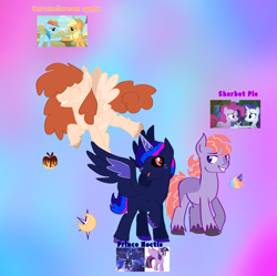 Size: 2614x2605 | Tagged: safe, imported from derpibooru, applejack, pinkie pie, princess luna, rainbow dash, rarity, twilight sparkle, oc, oc:caramelcream apple, oc:prince noctis, oc:sherbet pie, alicorn, earth pony, pegasus, black sclera, cloven hooves, cutie mark, eyes closed, flirting, magical lesbian spawn, male, mane three(new gen), next generation, offspring, open mouth, parent:applejack, parent:pinkie pie, parent:princess luna, parent:rainbow dash, parent:rarity, parent:twilight sparkle, parents:appledash, parents:raripie, parents:twiluna, red eyes, smiling, stallion