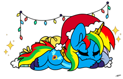 Size: 1600x1037 | Tagged: safe, artist:princessmoonsilver, imported from derpibooru, oc, oc:shield wing, alicorn, pony, christmas, christmas lights, hat, holiday, santa hat, simple background, sleeping, solo, transparent background