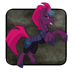 Size: 2160x2160 | Tagged: safe, artist:grantch, imported from derpibooru, tempest shadow, pony, unicorn, armor, broken horn, clothes, eye scar, facial scar, female, glowing, glowing horn, gritted teeth, hoof shoes, horn, mare, rearing, scar, solo, teeth