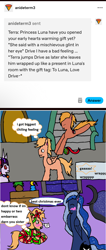 Size: 1108x2607 | Tagged: safe, artist:ask-luciavampire, imported from derpibooru, princess luna, oc, oc:drive, oc:elon coco, oc:terra, alicorn, earth pony, pegasus, pony, unicorn, tumblr:ask-luciavampire, ask, canon x oc, christmas, holiday, horn, tumblr