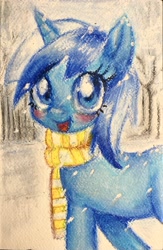 Size: 2576x3955 | Tagged: safe, artist:d7unlimited, imported from derpibooru, minuette, pony, unicorn, background pony, clothes, crayon drawing, female, horn, mare, outdoors, scarf, snow, traditional art, winter