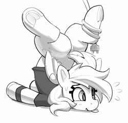 Size: 2067x1985 | Tagged: safe, artist:pabbley, imported from derpibooru, derpy hooves, pegasus, pony, :p, black and white, bubble butt, butt, clothes, clumsy, derpy being derpy, female, frog (hoof), grayscale, mare, monochrome, plot, power cord, shirt, simple background, smiling, solo, sweat, sweatdrops, tongue out, underhoof, white background