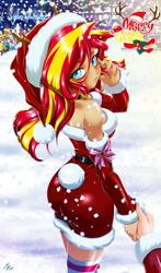 Size: 1600x2720 | Tagged: safe, artist:mauroz, imported from derpibooru, apple bloom, applejack, fluttershy, pinkie pie, rainbow dash, spike, sunset shimmer, human, equestria girls, anime, anime style, bunset shimmer, butt, christmas, christmas 2024, clothes, costume, focus, hat, holiday, humanized, male, offscreen character, pov, santa costume, santa hat, sleeping