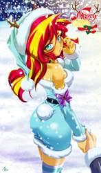 Size: 1600x2720 | Tagged: safe, alternate version, artist:mauroz, imported from derpibooru, sunset shimmer, human, equestria girls, anime, anime style, bunset shimmer, butt, christmas, christmas 2024, clothes, costume, focus, hat, holiday, male, offscreen character, pov, santa costume, santa hat