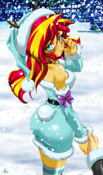 Size: 1600x2720 | Tagged: safe, alternate version, artist:mauroz, imported from derpibooru, sunset shimmer, human, equestria girls, anime, anime style, bunset shimmer, butt, christmas, christmas 2024, clothes, costume, female, focus, hat, holiday, male, offscreen character, pov, santa costume, santa hat