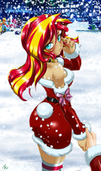 Size: 1600x2720 | Tagged: safe, alternate version, artist:mauroz, imported from derpibooru, apple bloom, applejack, fluttershy, pinkie pie, rainbow dash, spike, sunset shimmer, human, equestria girls, anime, anime style, bunset shimmer, butt, christmas, christmas 2024, clothes, costume, female, focus, hat, holiday, humanized, male, offscreen character, pov, santa costume, santa hat, sleeping