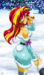 Size: 1600x2720 | Tagged: safe, alternate version, artist:mauroz, imported from derpibooru, sunset shimmer, human, equestria girls, anime, anime style, bunset shimmer, butt, christmas, christmas 2024, clothes, costume, focus, hat, holiday, male, offscreen character, pov, santa costume, santa hat