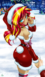 Size: 1600x2720 | Tagged: safe, alternate version, artist:mauroz, imported from derpibooru, apple bloom, applejack, fluttershy, pinkie pie, rainbow dash, spike, sunset shimmer, human, equestria girls, anime, anime style, bunset shimmer, butt, christmas, christmas 2024, clothes, costume, female, focus, hat, holiday, humanized, male, offscreen character, pov, santa costume, santa hat, sleeping