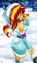 Size: 1600x2720 | Tagged: safe, alternate version, artist:mauroz, imported from derpibooru, sunset shimmer, human, equestria girls, anime, anime style, bunset shimmer, butt, christmas, christmas 2024, clothes, costume, focus, hat, holiday, male, offscreen character, pov, santa costume, santa hat