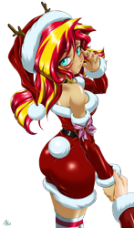 Size: 1600x2720 | Tagged: safe, alternate version, artist:mauroz, imported from derpibooru, sunset shimmer, human, equestria girls, anime, anime style, bunset shimmer, butt, christmas, christmas 2024, clothes, costume, female, focus, hat, holiday, male, offscreen character, pov, santa costume, santa hat