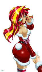 Size: 1600x2720 | Tagged: safe, alternate version, artist:mauroz, imported from derpibooru, sunset shimmer, human, equestria girls, anime, anime style, bunset shimmer, butt, christmas, christmas 2024, clothes, costume, female, focus, hat, holiday, male, offscreen character, pov, santa costume