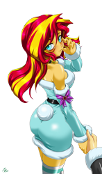 Size: 1600x2720 | Tagged: safe, alternate version, artist:mauroz, imported from derpibooru, sunset shimmer, human, equestria girls, anime, anime style, bunset shimmer, butt, christmas, christmas 2024, clothes, costume, focus, hat, holiday, male, offscreen character, pov, santa costume, santa hat, simple background, transparent background