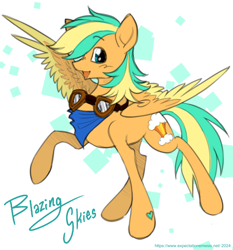 Size: 700x750 | Tagged: safe, artist:expectationemesis, derpibooru exclusive, imported from derpibooru, oc, oc only, oc:blazing skies, pegasus, pony, accessory, aviator goggles, goggles, hair over one eye, heart, heart mark, male, neckerchief, open mouth, open smile, raised hoof, simple background, smiling, solo, spread wings, stallion, standing, white background, wings