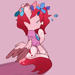 Size: 4096x4096 | Tagged: safe, artist:metaruscarlet, imported from derpibooru, oc, oc only, oc:metaru scarlet, pegasus, pony, clothes, flower, flower in hair, folded wings, leaves, leaves in hair, pegasus oc, ponysona, shadow, solo, spotted, wings, yawn