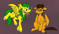 Size: 1313x768 | Tagged: safe, artist:dingotk, imported from derpibooru, oc, oc only, pegasus, pony, brown background, clothes, drunk, duo, male, pegasus oc, simple background, stallion, tongue out, unamused, wings