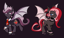 Size: 1500x900 | Tagged: safe, artist:dingotk, imported from derpibooru, oc, oc only, bat pony, pony, 2014, bat pony oc, bat wings, choker, clothes, cuffs (clothes), duo, female, male, mare, necktie, raised hoof, stallion, wings