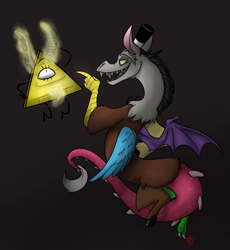 Size: 3808x4139 | Tagged: safe, artist:dingotk, imported from derpibooru, discord, draconequus, 2014, bill cipher, crossover, dark background, duo, gravity falls, hat, male, smiling, tail, top hat, wings