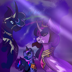 Size: 1280x1280 | Tagged: safe, artist:earth.loser, imported from derpibooru, princess luna, twilight sparkle, oc, oc:prince noctis, oc:princess dawnlight, bust, canterlot castle, colt, crown, element of magic, female, filly, foal, jewelry, male, mare, moon, necklace, portrait, regalia, royalty, stallion