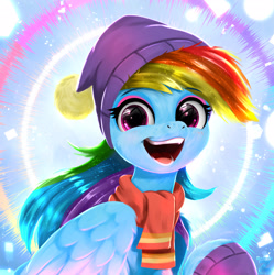 Size: 2400x2406 | Tagged: safe, artist:darksly, imported from derpibooru, rainbow dash, pegasus, pony, beanie, clothes, cute, dashabetes, eyeshadow, female, gloves, hat, makeup, mare, my little pony, my little pony best gift ever, open mouth, scarf, solo