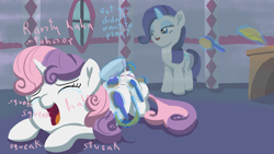 Size: 1920x1080 | Tagged: safe, imported from derpibooru, rarity, sweetie belle, pony, unicorn, belle sisters, crying, female, filly, foal, funny, horn, laughing, mare, siblings, sisters, squeak, tears of laughter, tickling