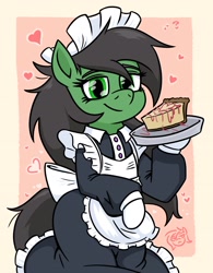 Size: 1810x2325 | Tagged: safe, artist:jargon scott, imported from derpibooru, oc, oc only, oc:anon-mare, earth pony, pony, bipedal, cake, cheesecake, clothes, female, floating heart, food, heart, hoof hold, lidded eyes, looking at you, maid, mare, passepartout, smiling, smiling at you, solo