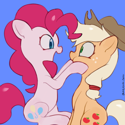 Size: 4096x4096 | Tagged: safe, artist:metaruscarlet, imported from derpibooru, applejack, pinkie pie, earth pony, pony, applejack's hat, blue background, cowboy hat, freckles, hat, jumping, looking at each other, looking at someone, open mouth, raised hoof, simple background, squeezing, surprised