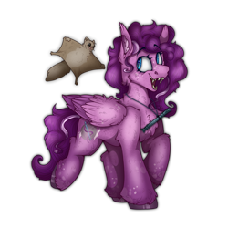 Size: 2300x2300 | Tagged: safe, artist:molars, imported from derpibooru, oc, oc only, oc:starsong, bat pony, flying squirrel, squirrel, bat eyes, batpony teeth, chest fluff, commission, curly mane, ear fluff, fluffy, folded wings, musical instrument, part batpony, pegasus wings, pet, sharp teeth, teeth, trotting, unshorn fetlocks, wings