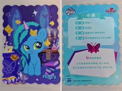 Size: 4590x3442 | Tagged: safe, imported from derpibooru, butterfly, book, card, chibi, chinese, cutie mark, dinosaw, front view, g5, indoors, irl, merchandise, misty brightdawn, official, opaline's dark castle, photo, solo, text, window