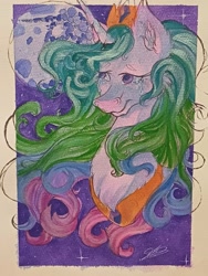 Size: 3000x4000 | Tagged: safe, artist:wolfieswap, imported from derpibooru, princess celestia, alicorn, pony, bust, chest fluff, crying, ear fluff, female, high res, looking up, mare, mare in the moon, moon, solo, traditional art