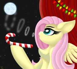 Size: 2000x1800 | Tagged: safe, artist:twinky, imported from derpibooru, fluttershy, pegasus, pony, candy, candy cane, chest fluff, female, food, full moon, garland, mare, moon, night, night sky, sky, wings